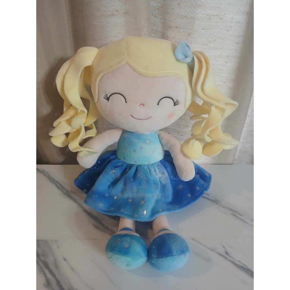 Soft Doll Blue Dress Blonde Curly Hair Sparkly Plush Toy